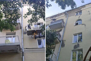 Выполнены работы по оштукатуриванию поврежденного участка фасада, а также приведена в порядок водосточная воронка
