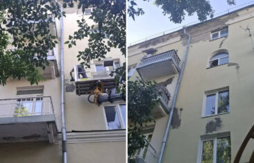 УК «Дипломат» выполнила оштукатуривание фасада и привела в порядок водосточную воронку в доме №14 на площади Ленина