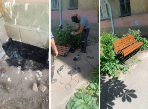 Установлена лавочка для комфортного отдыха жителей, а так выполнена гидроизоляция фундамента