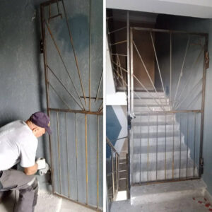 Установили металлическую решетку при выходе на кровлю.