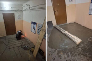 Выполнено восстановление цементной стяжки пола в подъезде.